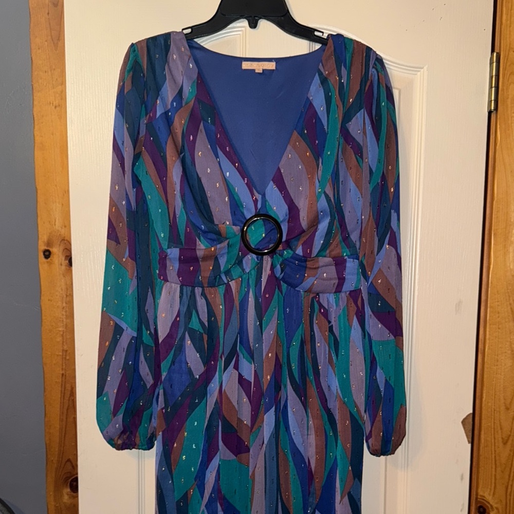 Elegant Blue and Purple Long Sleeve V-Neck Dress